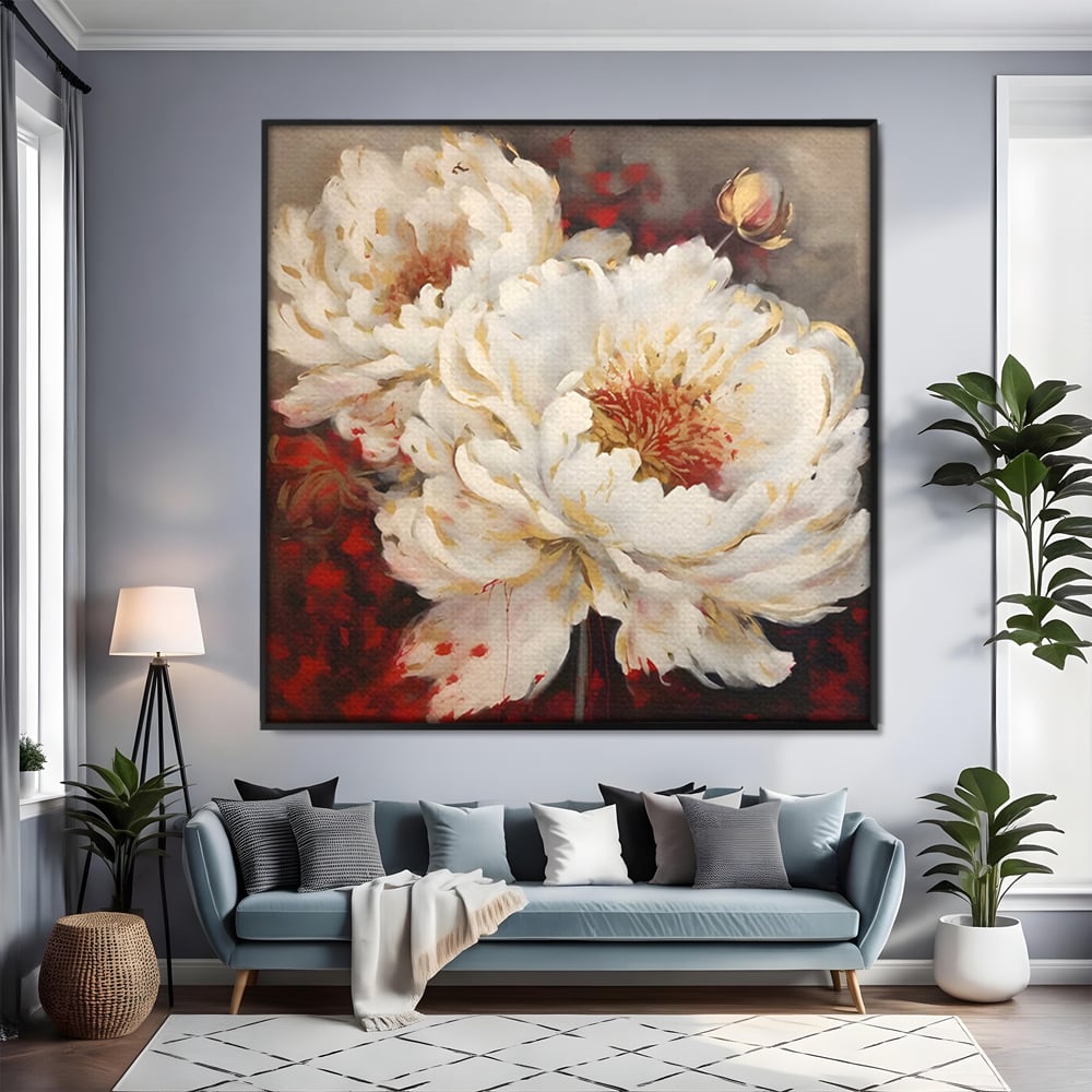 Tablou canvas cu tablou canvas cu bujori albi, in rama de aluminiu negru, pe perete intr-un living